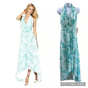 NWT Jill Stuart High Low Halter Maxi Dress Turquoise White Size 4